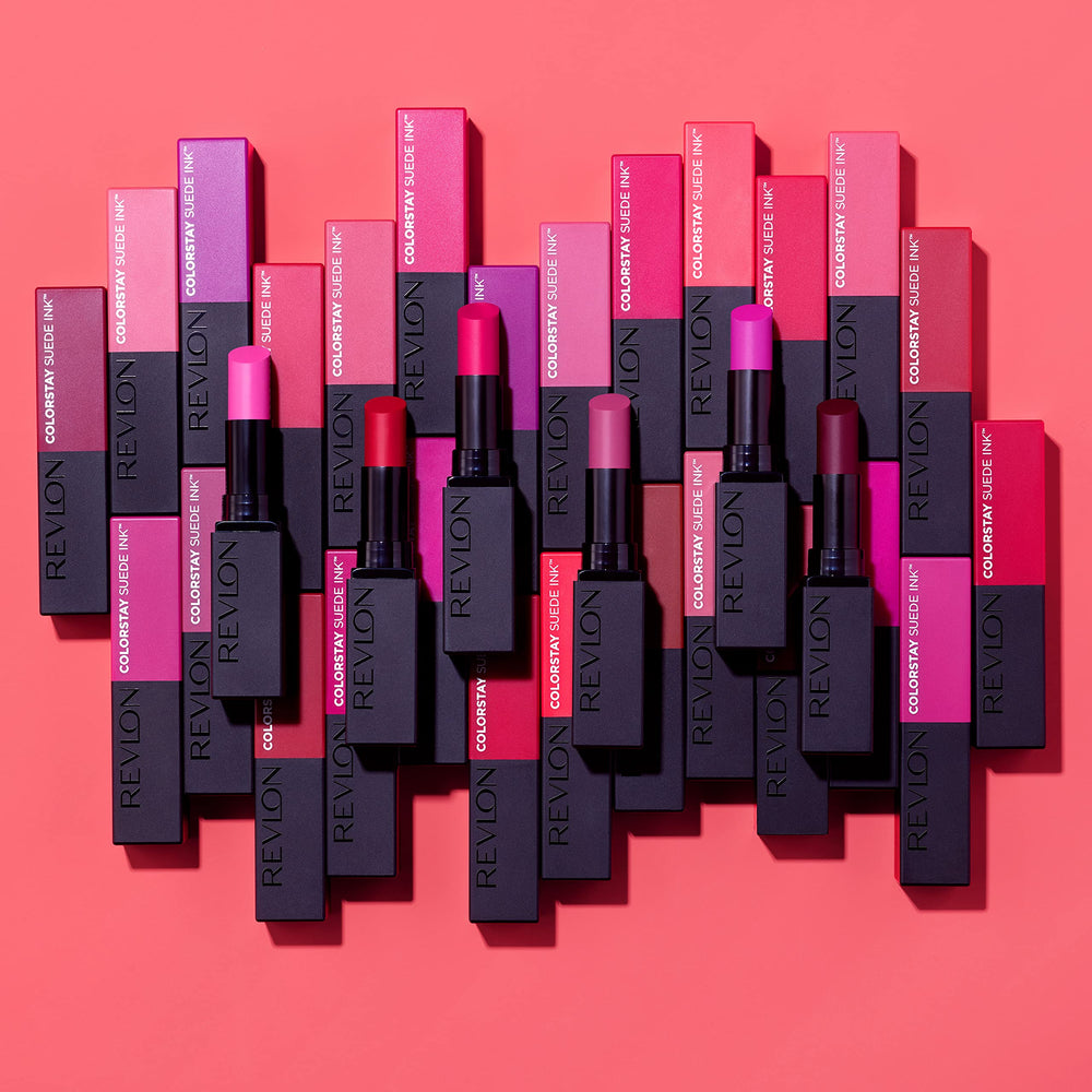 Label and ingredient panel on Revlon Suede Ink showing Vitamin E inclusion