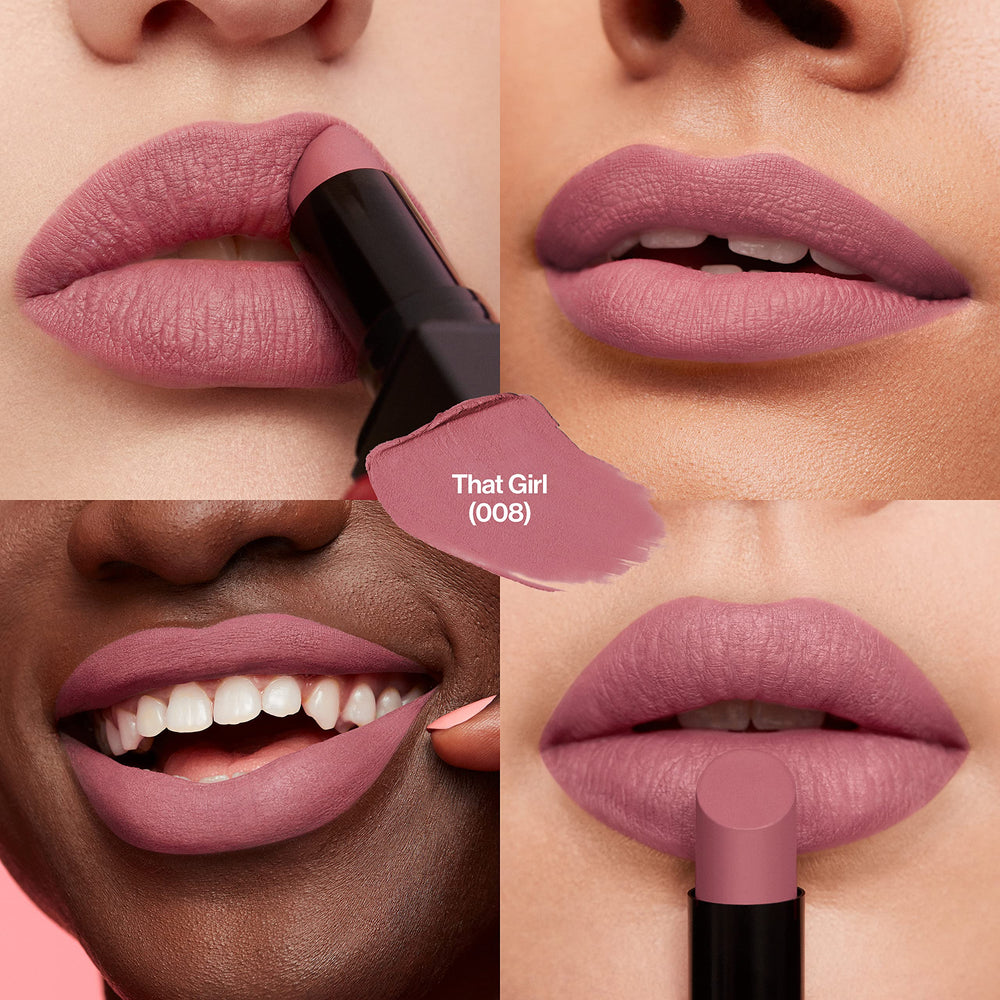 Revlon lipstick texture swatch demonstrating opaque matte pigment payoff