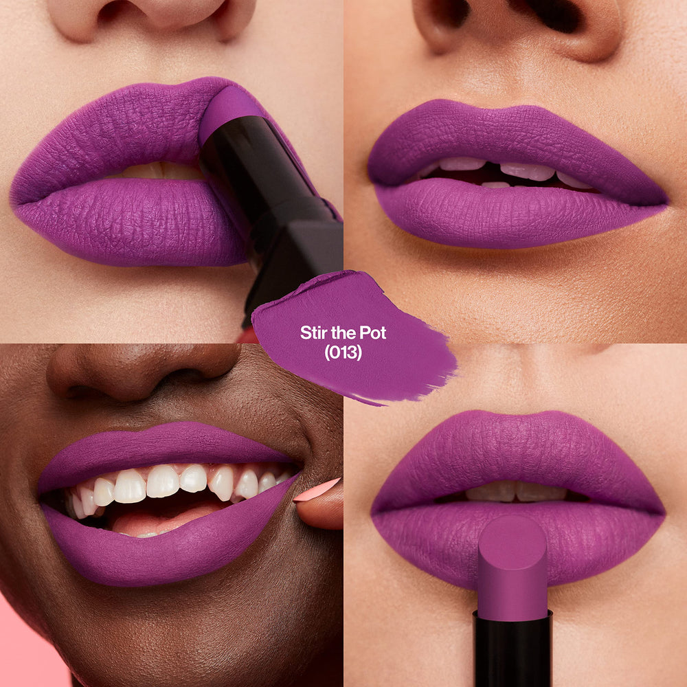 Close-up texture of Revlon Suede Ink showing creamy matte formula benefit