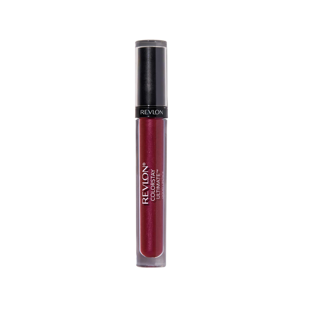 Revlon tube front view showing brilliant bordeaux shade and benefit longwear