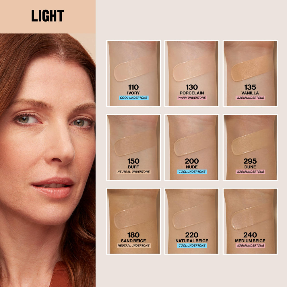 Revlon water droplets on applied foundation, demonstrates water-resistant, sweat-resistant benefit
