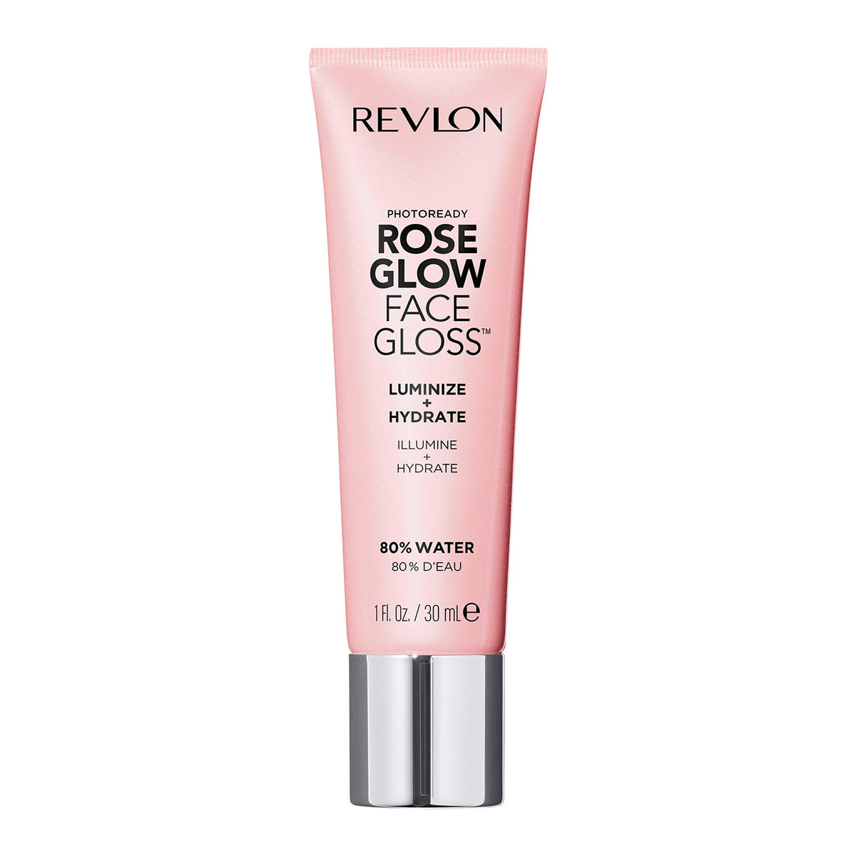 Revlon face gloss front packaging showing product tube and rosy shade for hydrated glow