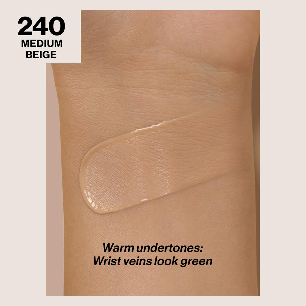 Revlon liquid foundation texture close-up showing medium-full coverage benefit