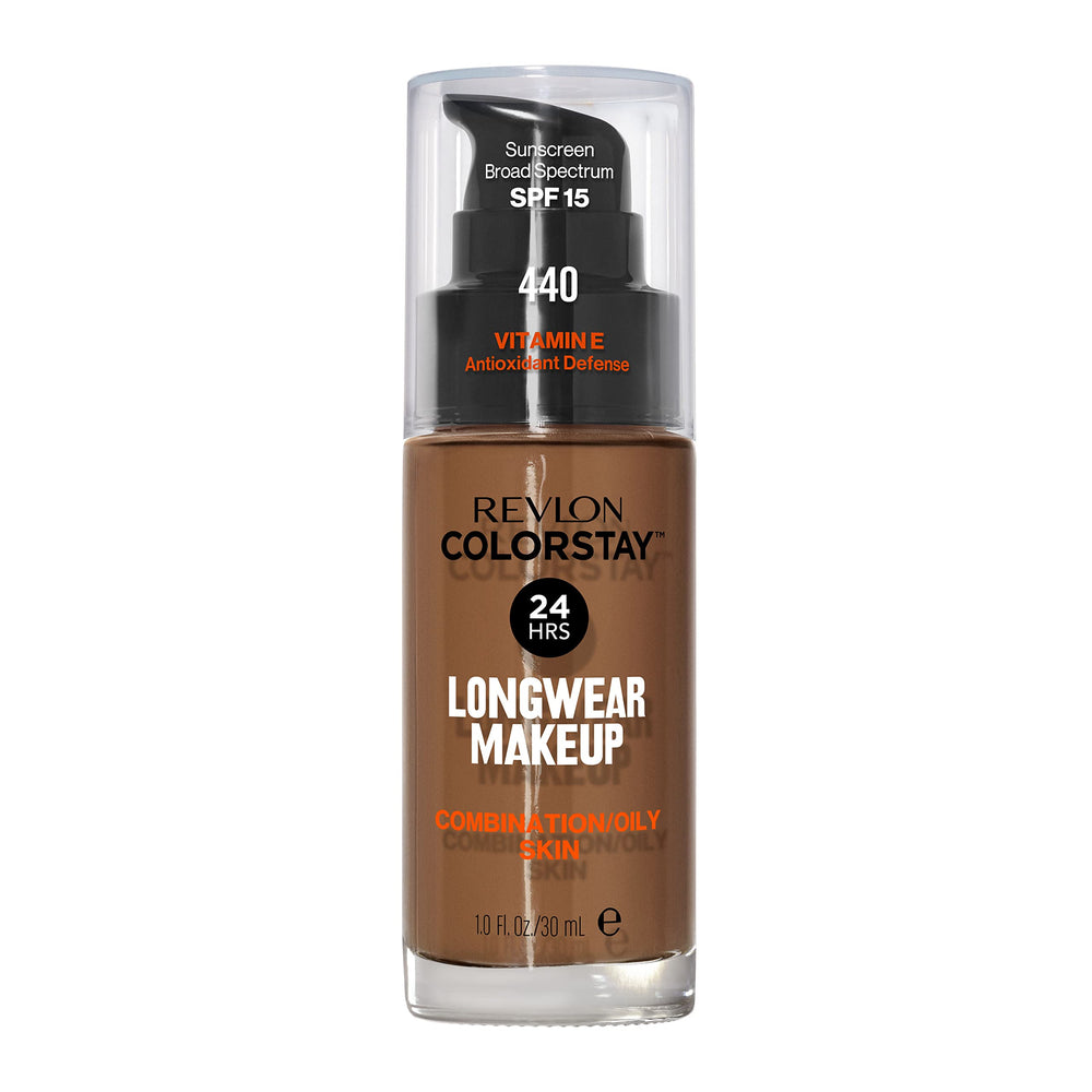 Revlon front packaging of ColorStay foundation showing shade and bottle, reliable longwear benefit
