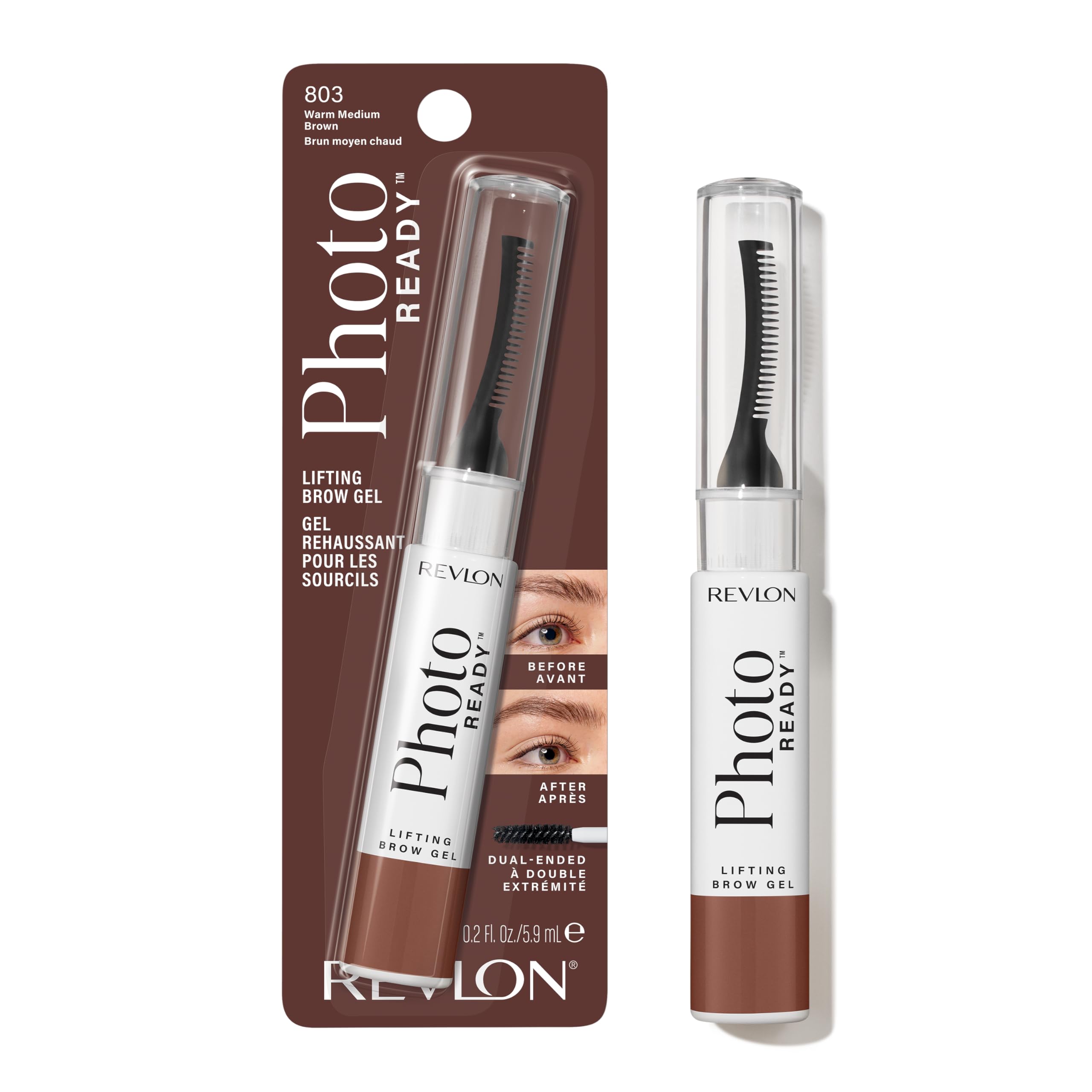 REVLON front tube of tinted brow gel showing shade and branding for easy selection