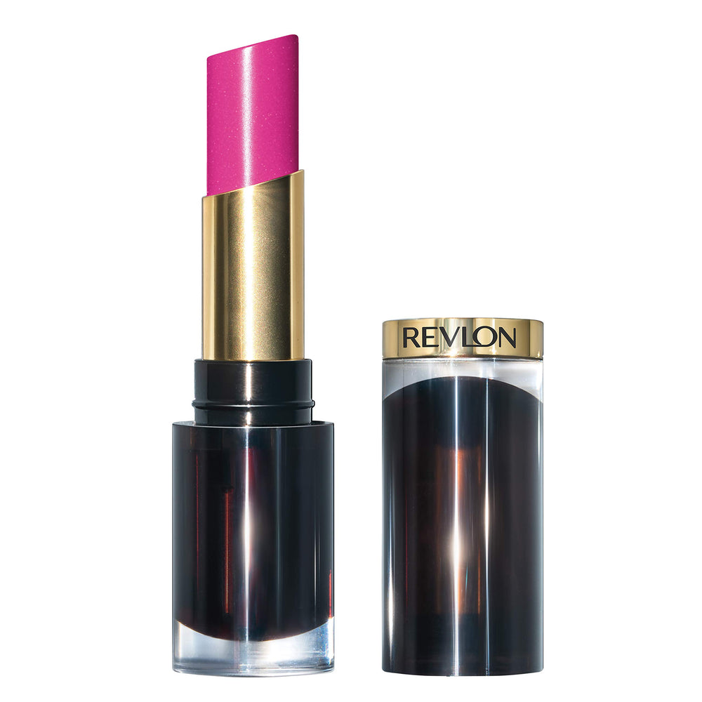 Revlon lipstick front view showing vibrant fuchsia and glossy finish for instant shine