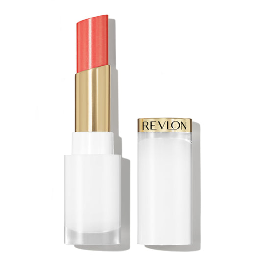 REVLON lip balm front view showing dewy peach shade and glossy finish benefit