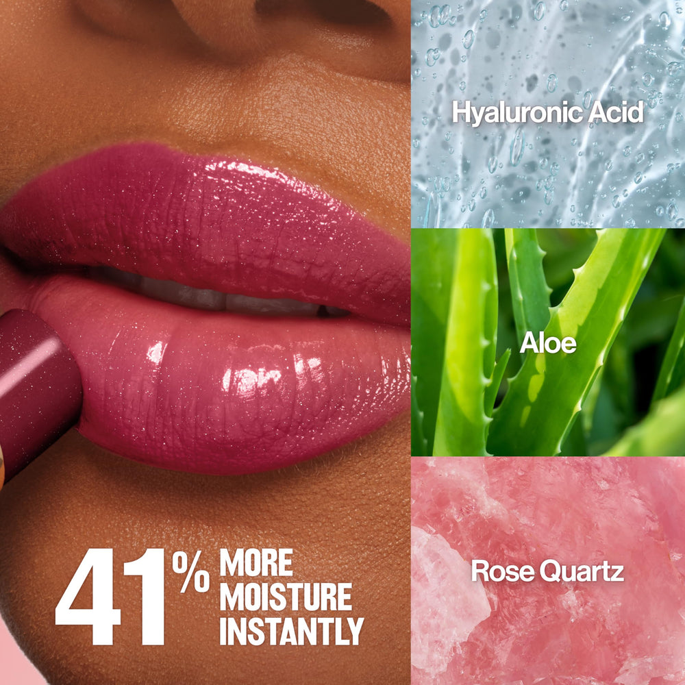 REVLON lip application closeup revealing glass-like shine and smoothing benefit