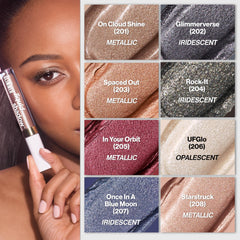 REVLON Glimmer Liquid Shadow macro shimmer detail showing reflective pearls and multidimensional depth benefit