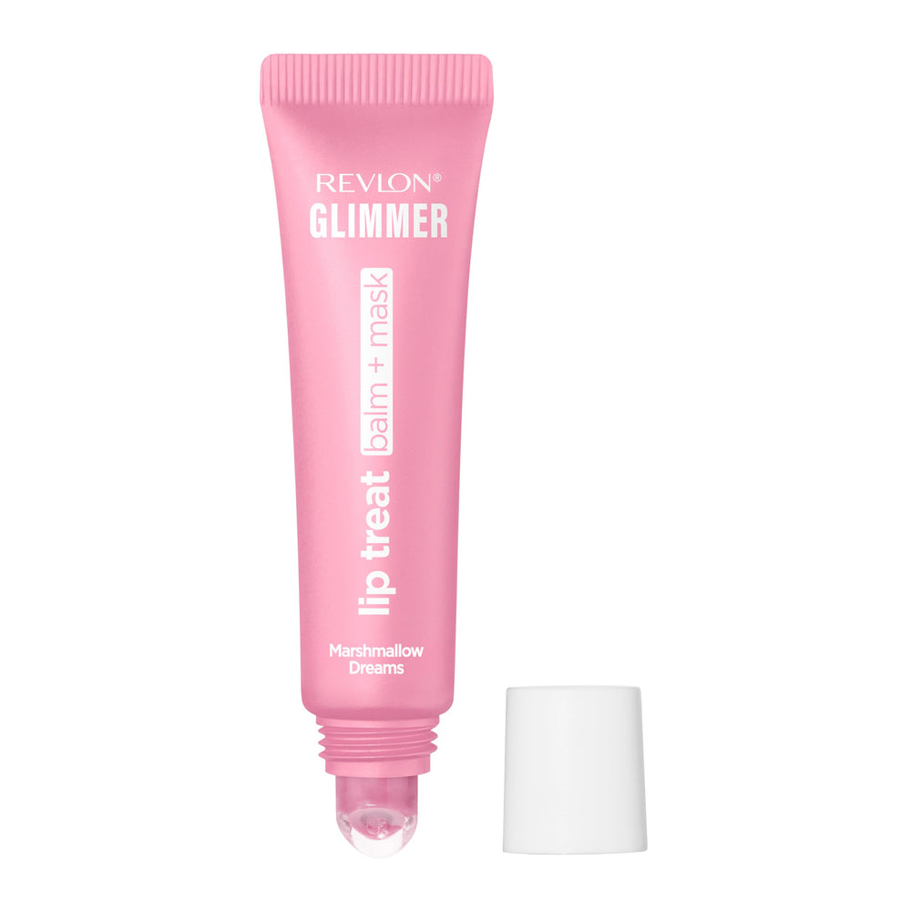 REVLON front packaging of Glimmer Lip Treat Balm shows compact tube and tint benefit