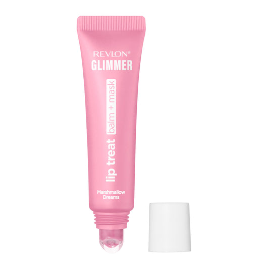 REVLON front packaging of Glimmer Lip Treat Balm shows compact tube and tint benefit