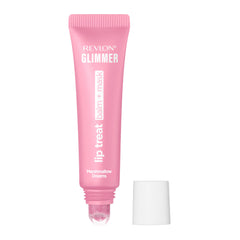 REVLON front packaging of Glimmer Lip Treat Balm shows compact tube and tint benefit