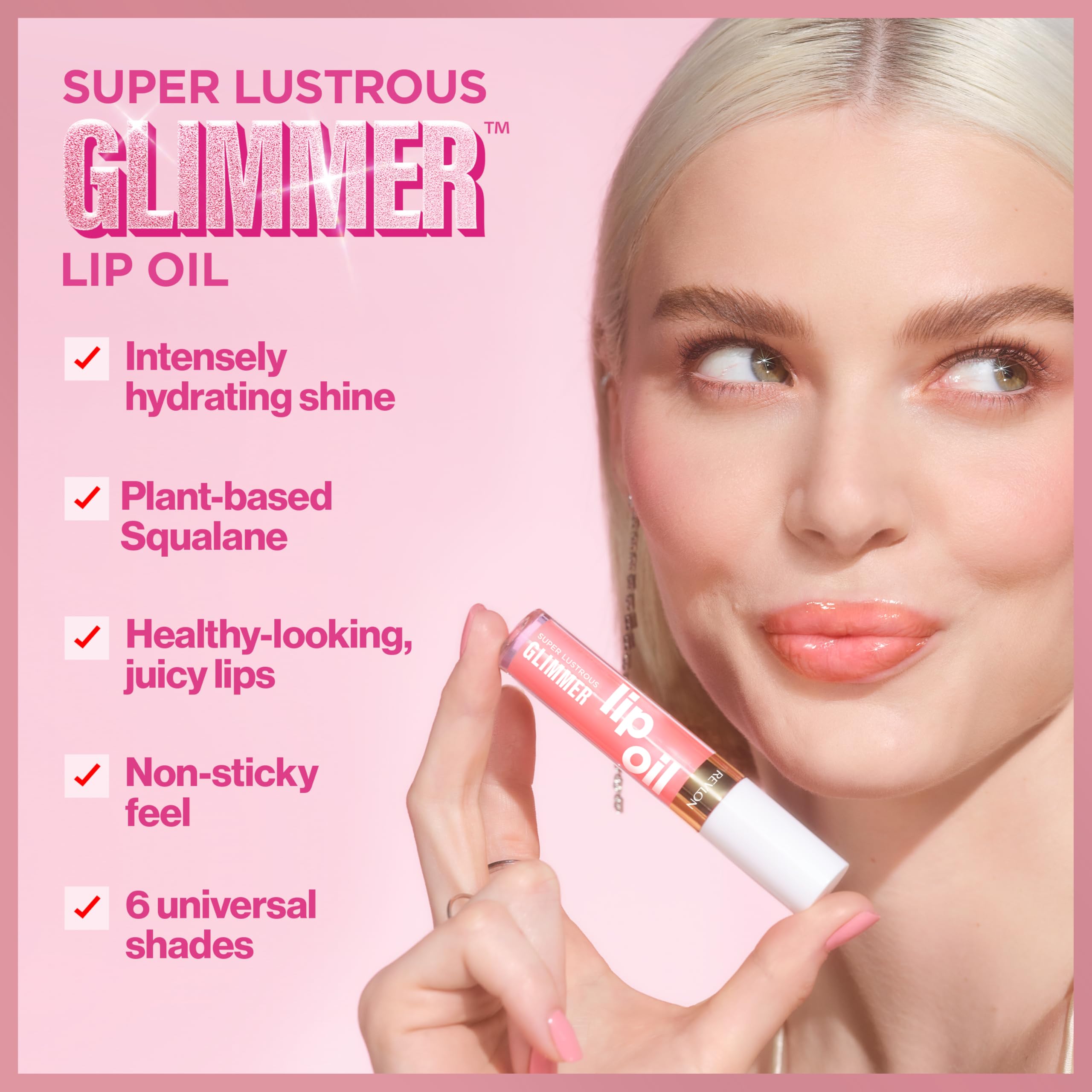 REVLON lip oil texture swipe highlighting glossy, hydrating finish