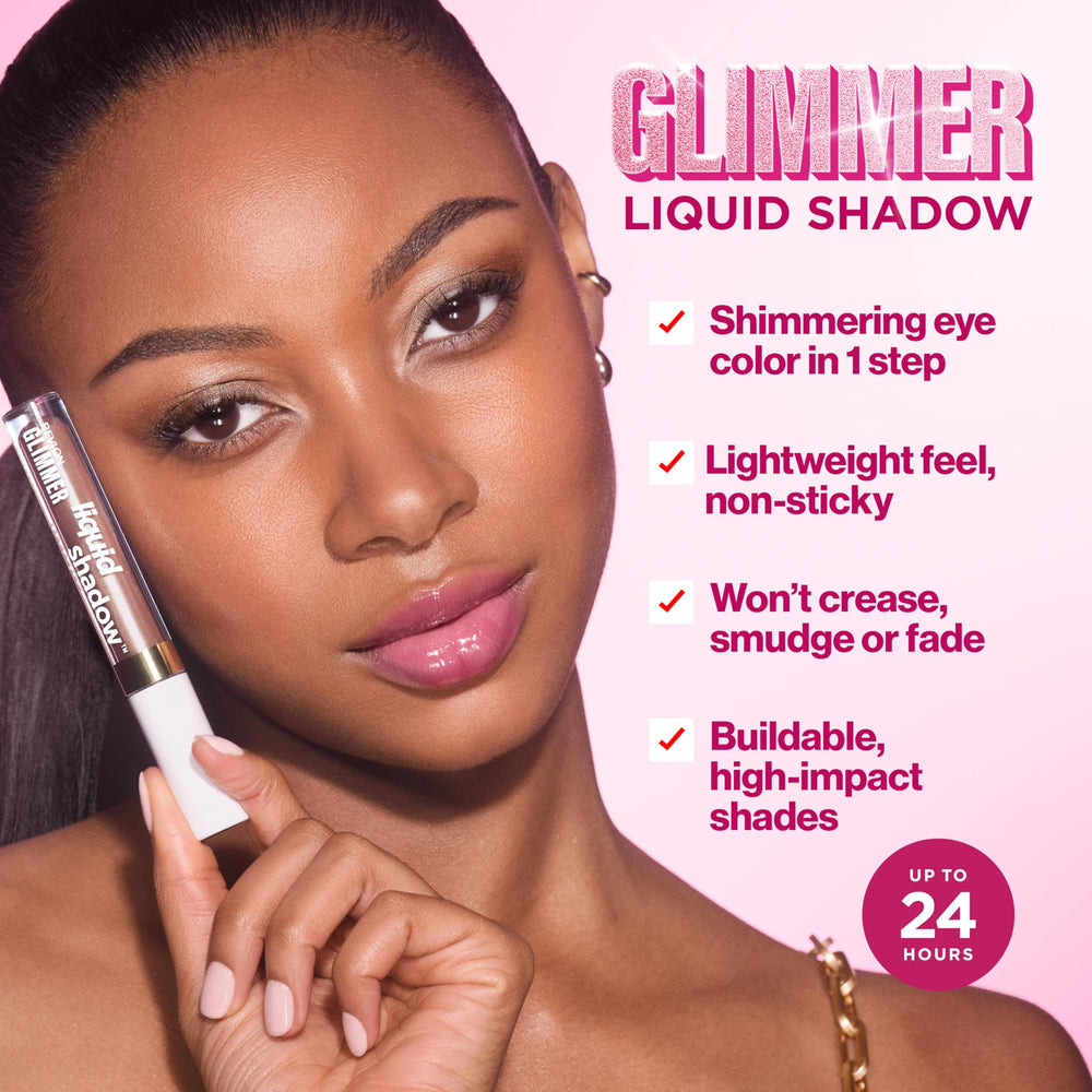 REVLON Glimmer swatch close-up showing silvery-taupe shimmer and high pigment payoff