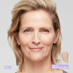 Revlon Illuminance before and after comparison showing visibly evened tone and luminous effect
