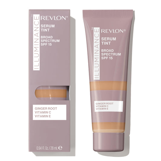 Revlon Illuminance front tube showing shade 405 Hazel and compact size benefit