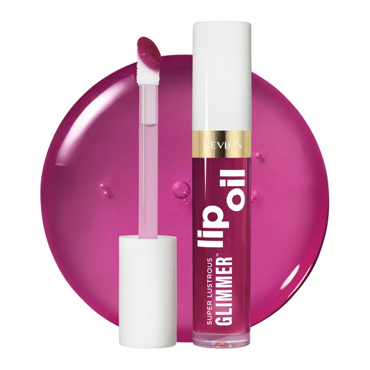 REVLON Super Lustrous Glimmer Lip Oil front packaging showing Plum Pop helpful product ID