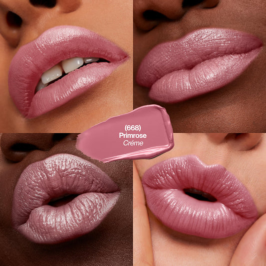 Revlon lipstick bullet close-up revealing creamy Primrose texture and smooth payoff