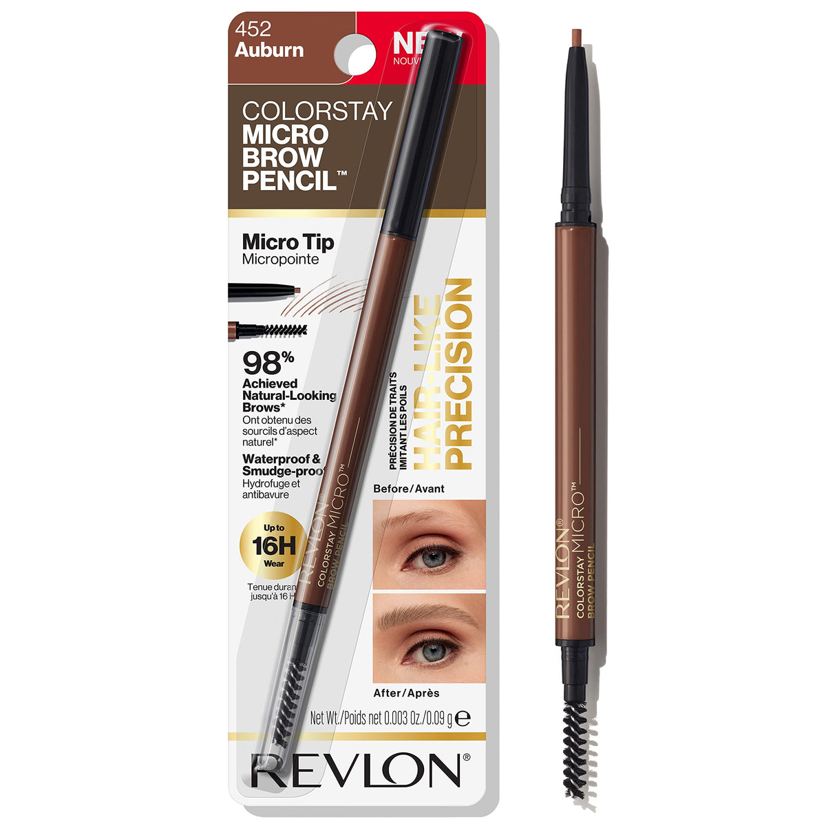 Revlon pencil front view showing compact pencil and built-in spoolie for easy grooming