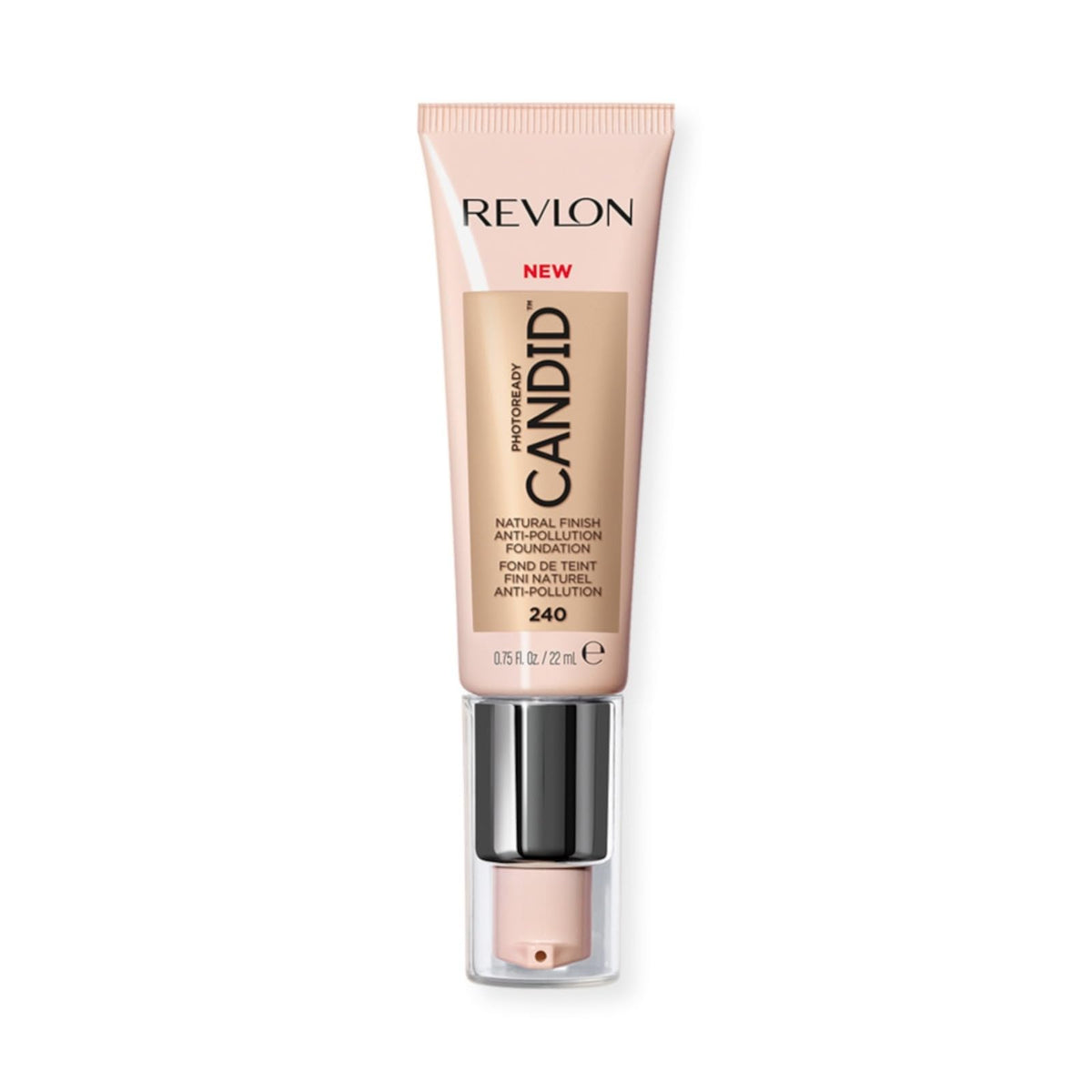 Revlon bottle front view showing product label and pump, highlights convenience and clean formula