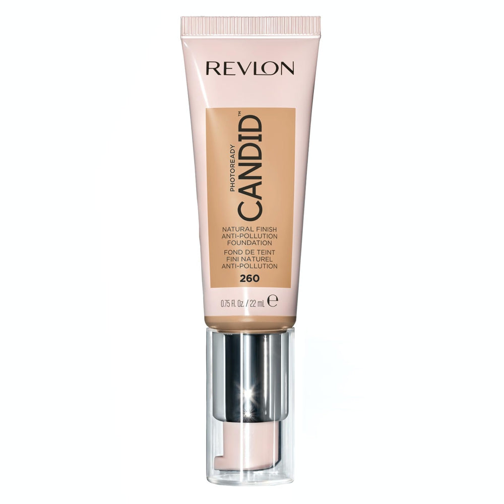 Revlon foundation front packaging showing shade 260 Chai and pump, lightweight coverage benefit