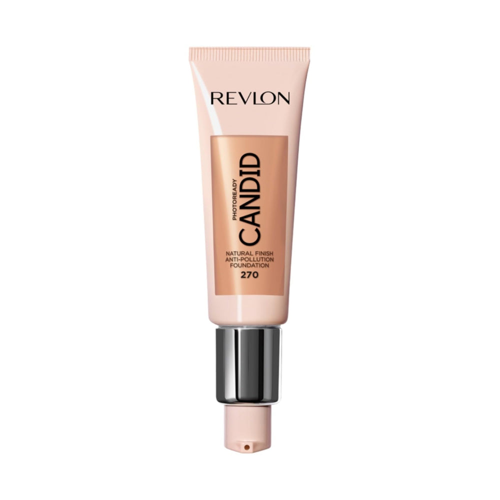 Revlon bottle front view showing shade 270 Medium Beige and pump, polished finish benefit