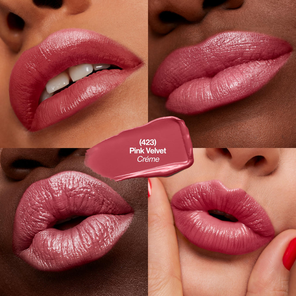 Revlon Pink Velvet swatch on arm highlighting creamy texture and color payoff benefit