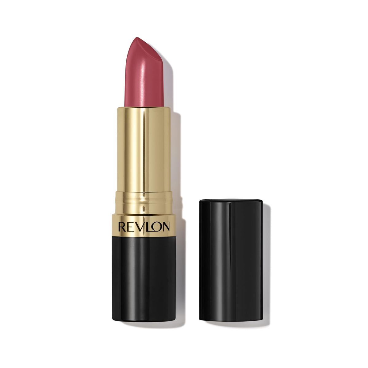 REVLON front tube of Super Lustrous lipstick showing Pink Velvet, easy application benefit