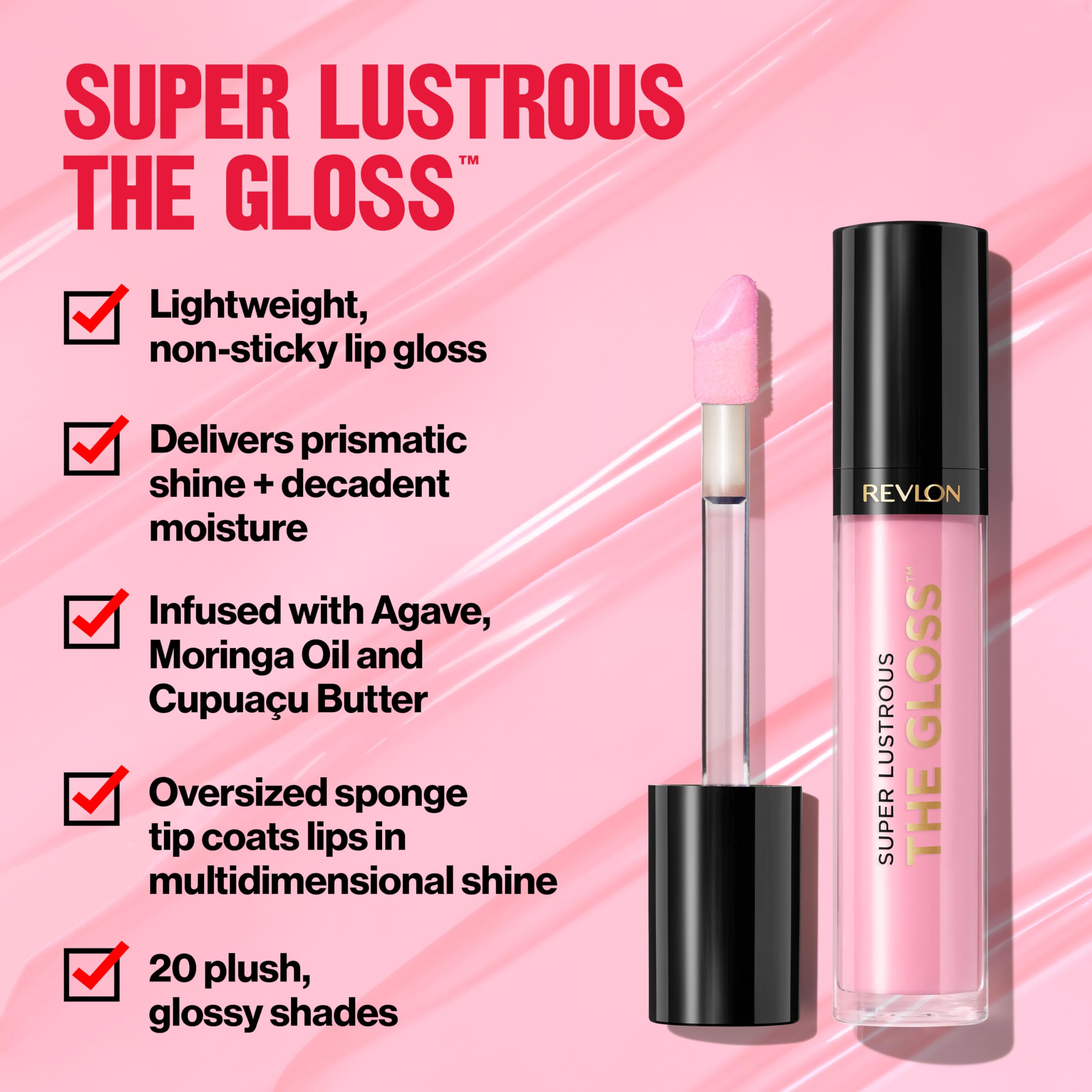 Revlon gloss texture swipe illustrating glossy, hydrating finish and color payoff