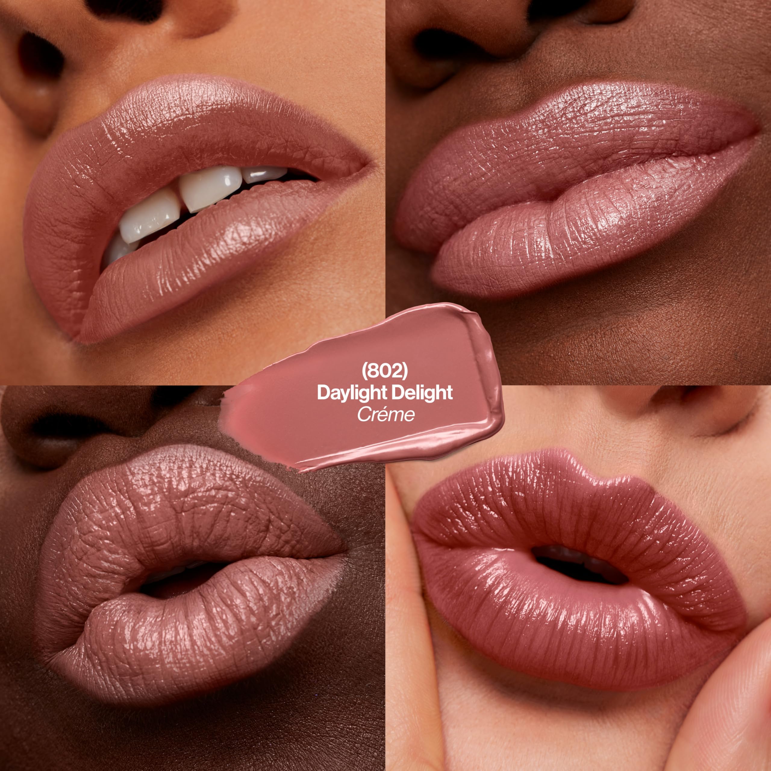 Revlon Super Lustrous open bullet showing 802 Daylight Delight creamy tip benefit: smooth glide