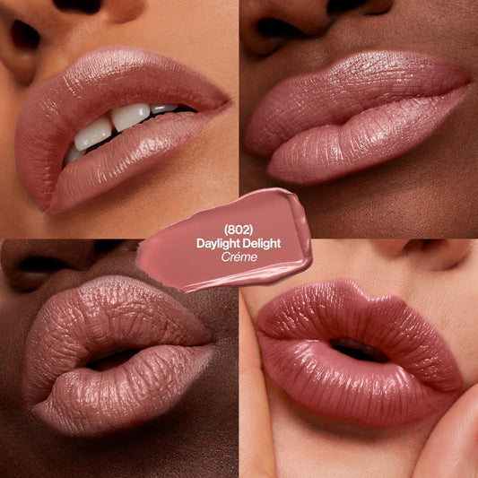 Revlon Super Lustrous open bullet showing 802 Daylight Delight creamy tip benefit: smooth glide