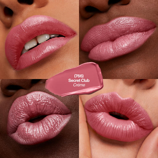 Revlon open lipstick bullet tilt showing creamy tip and smooth application