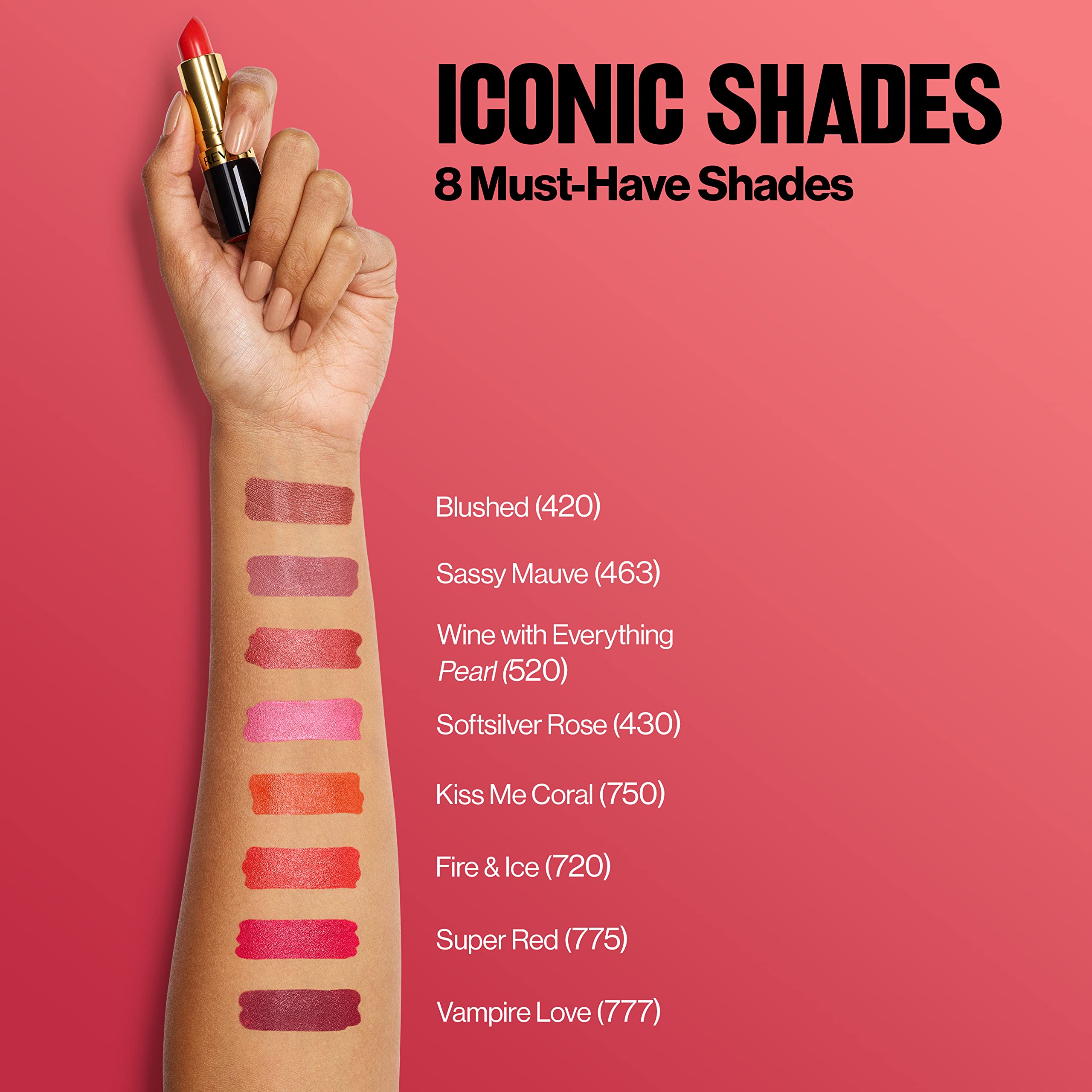 Revlon lipstick packaging label close-up showing shade name and ingredient clarity benefit