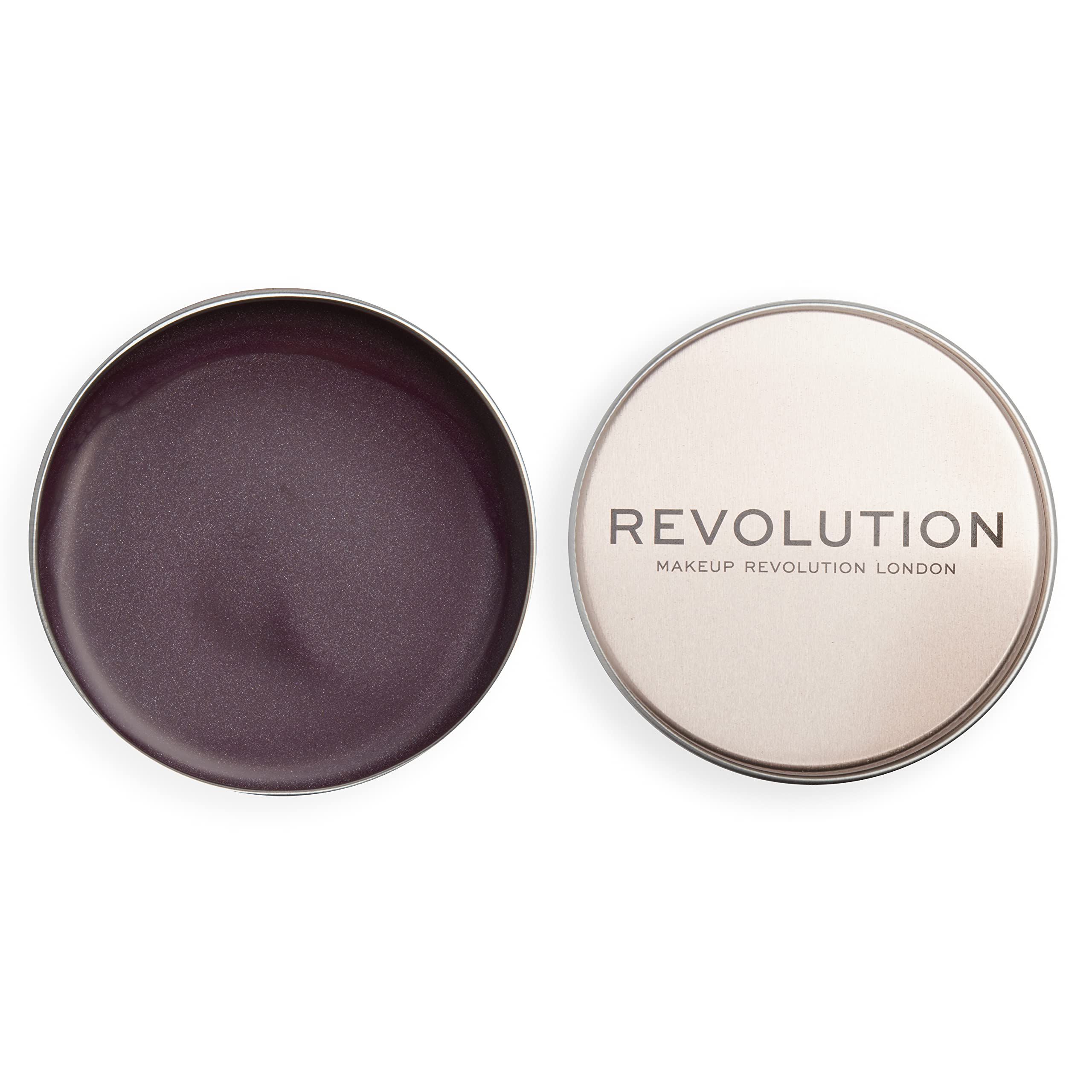 Revolution Beauty London pot front view showing Deep Plum shade and label benefit