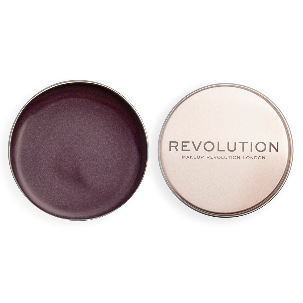 Revolution Beauty London pot front view showing Deep Plum shade and label benefit