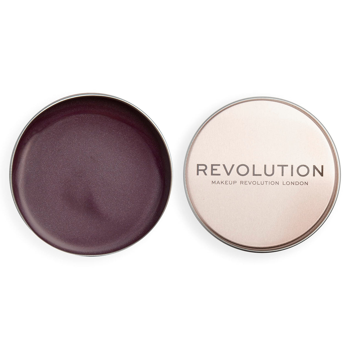 Revolution Beauty London pot front view showing Deep Plum shade and label benefit