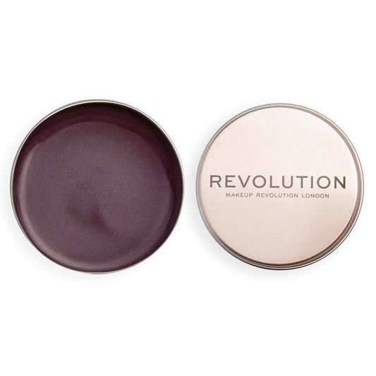 Revolution Beauty London pot front view showing Deep Plum shade and label benefit