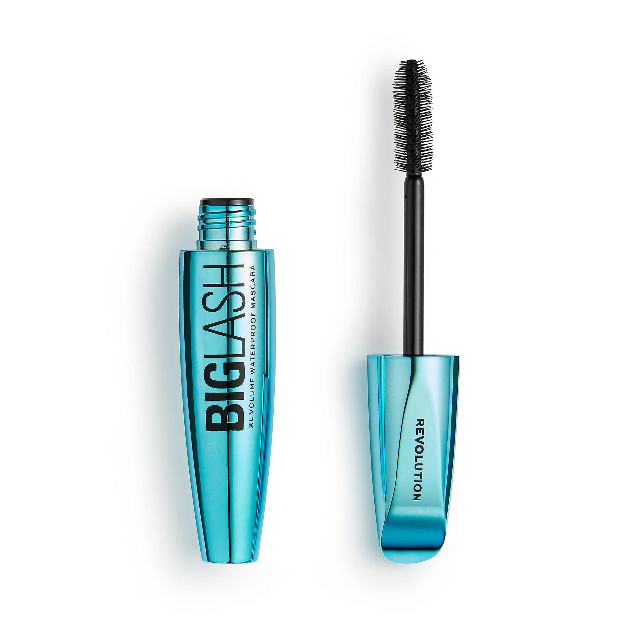 Revolution Beauty London front packaging showing jet black mascara and benefit of bold volume