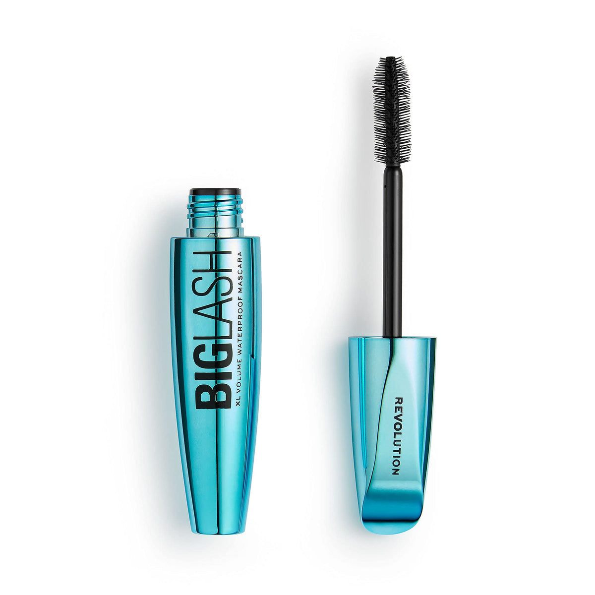 Revolution Beauty London front packaging showing jet black mascara and benefit of bold volume