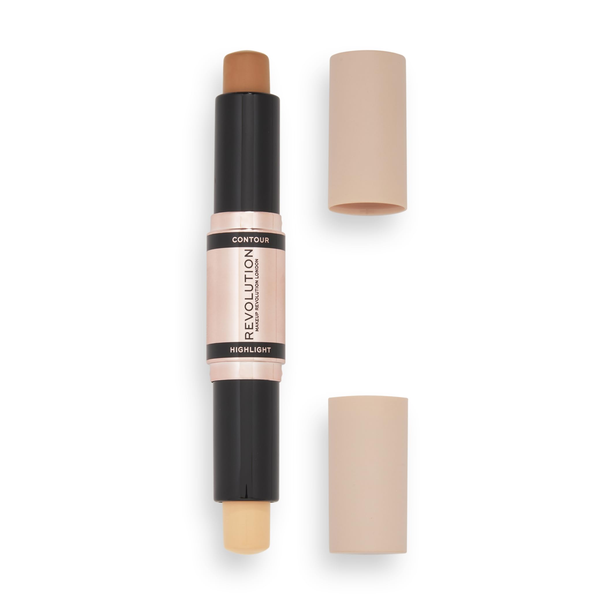 Revolution Beauty front view of dual-ended contour stick showing sleek packaging and portability