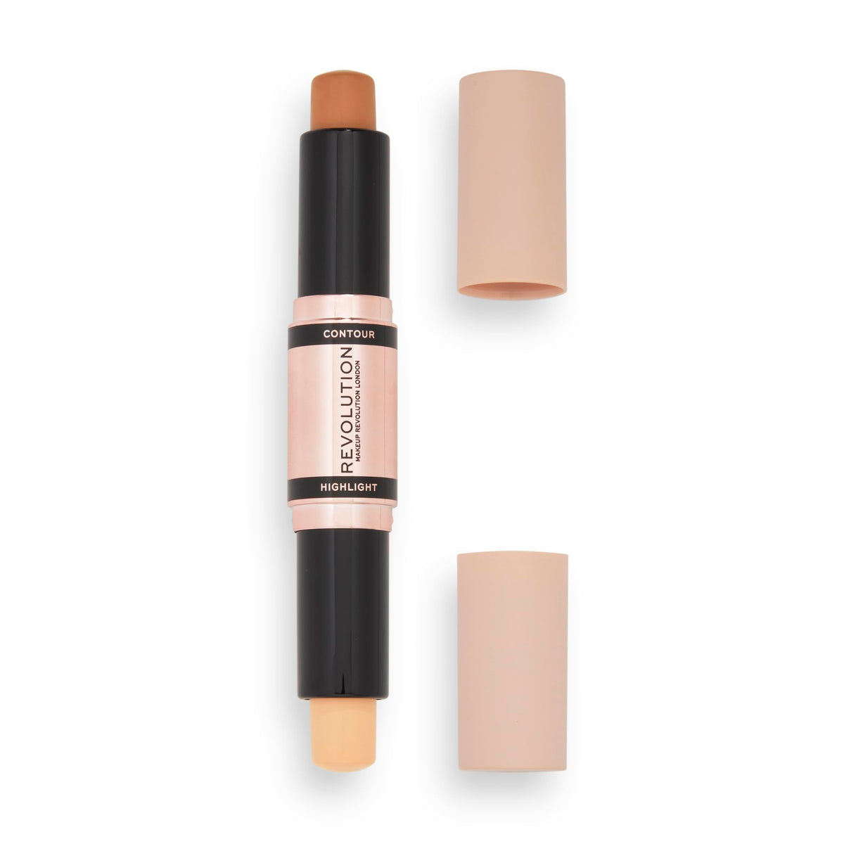 Revolution Beauty front view of dual-ended contour stick showing sleek packaging and portability