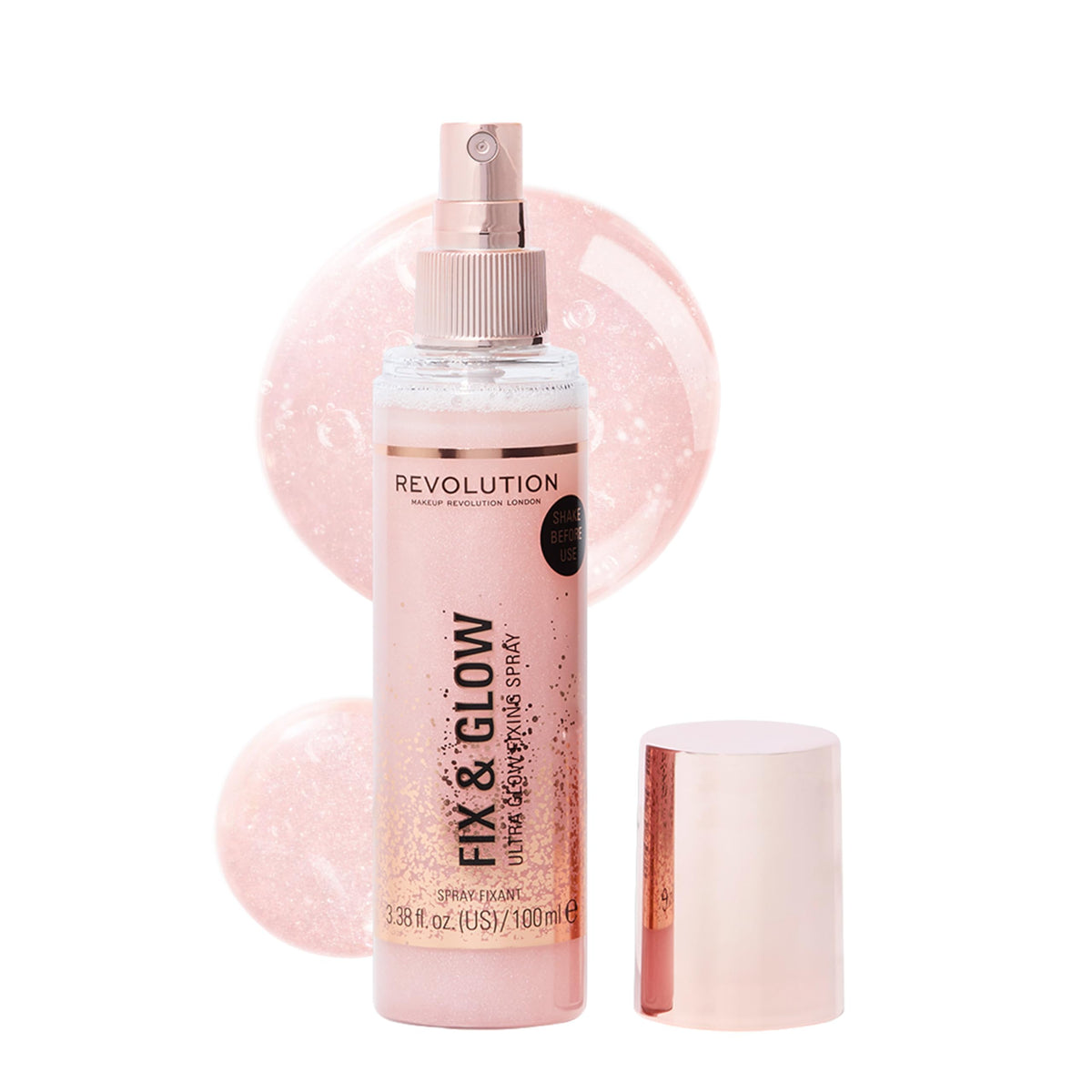 Revolution Beauty Fix & Glow front packaging showing bottle and label, conveys product identity and portability