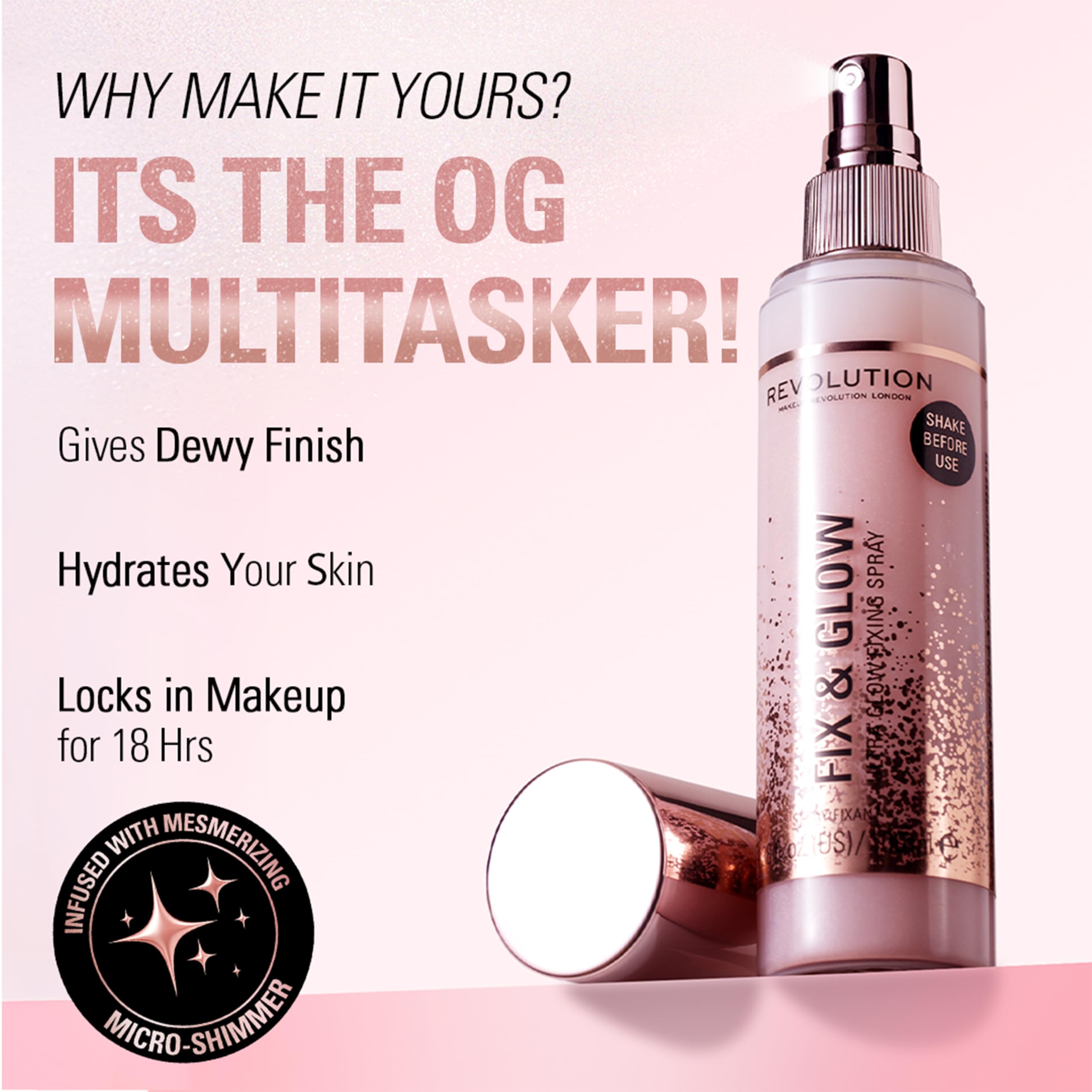 Revolution Beauty in-use lifestyle shot of model spritzing face for a hydrated, radiant makeup refresh