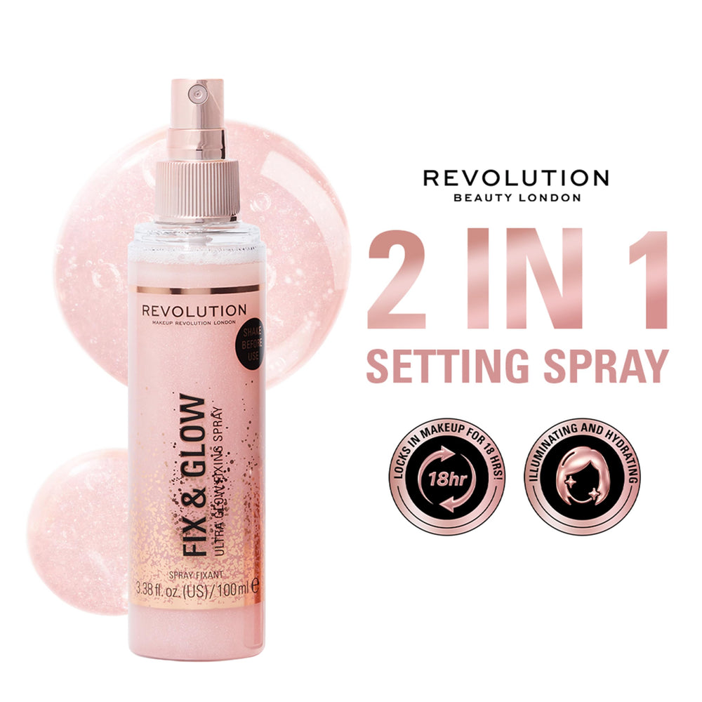 Revolution Beauty close-up of fine mist spray texture highlighting micro shimmer and hydrated finish