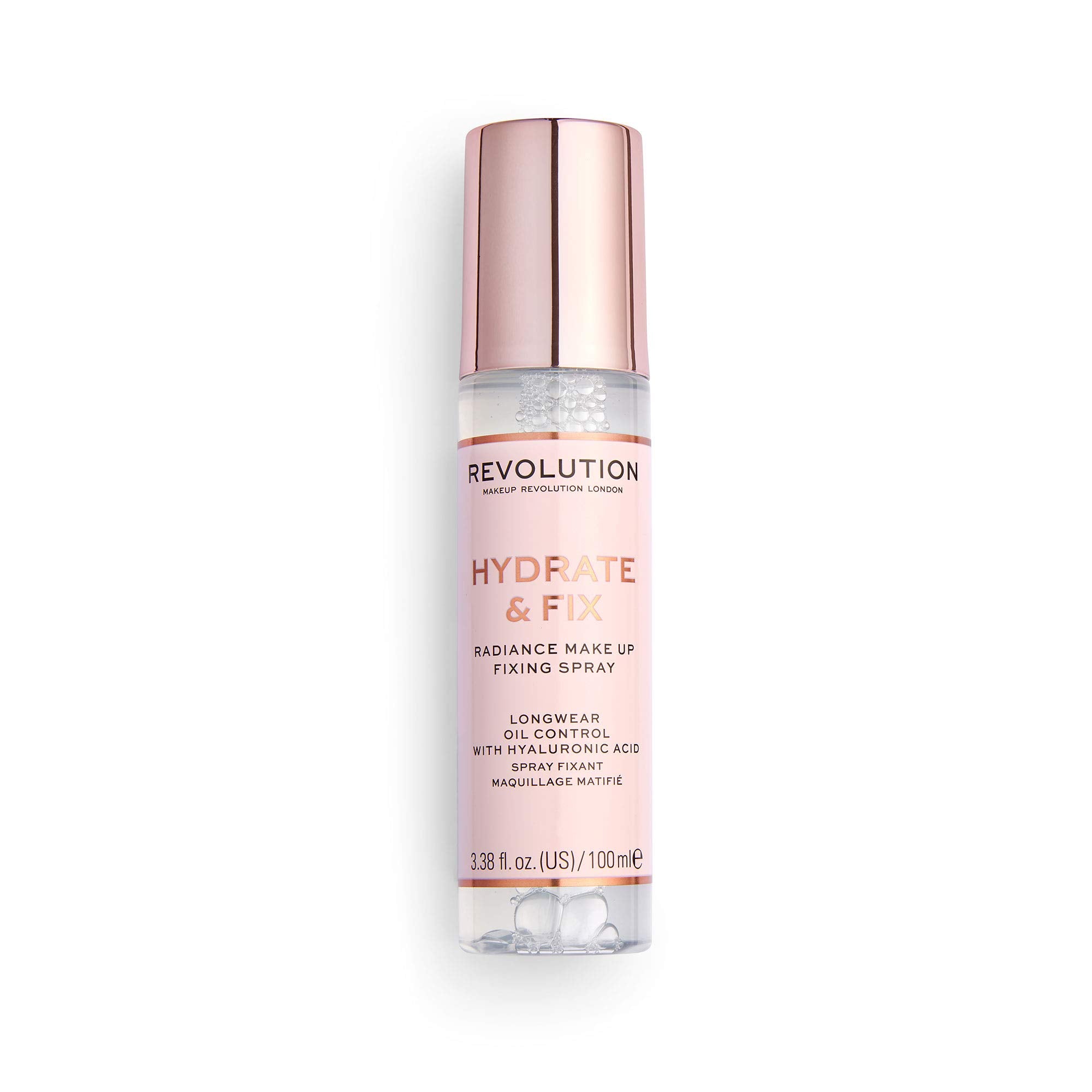 Revolution Beauty front bottle shot showing label and compact size benefit