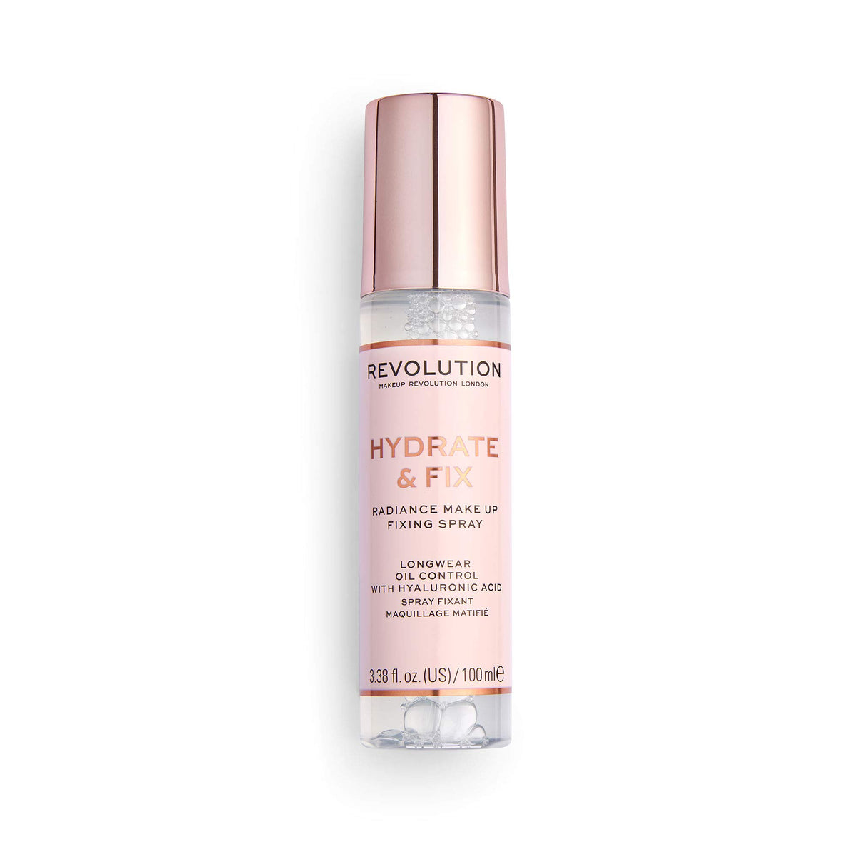 Revolution Beauty front bottle shot showing label and compact size benefit
