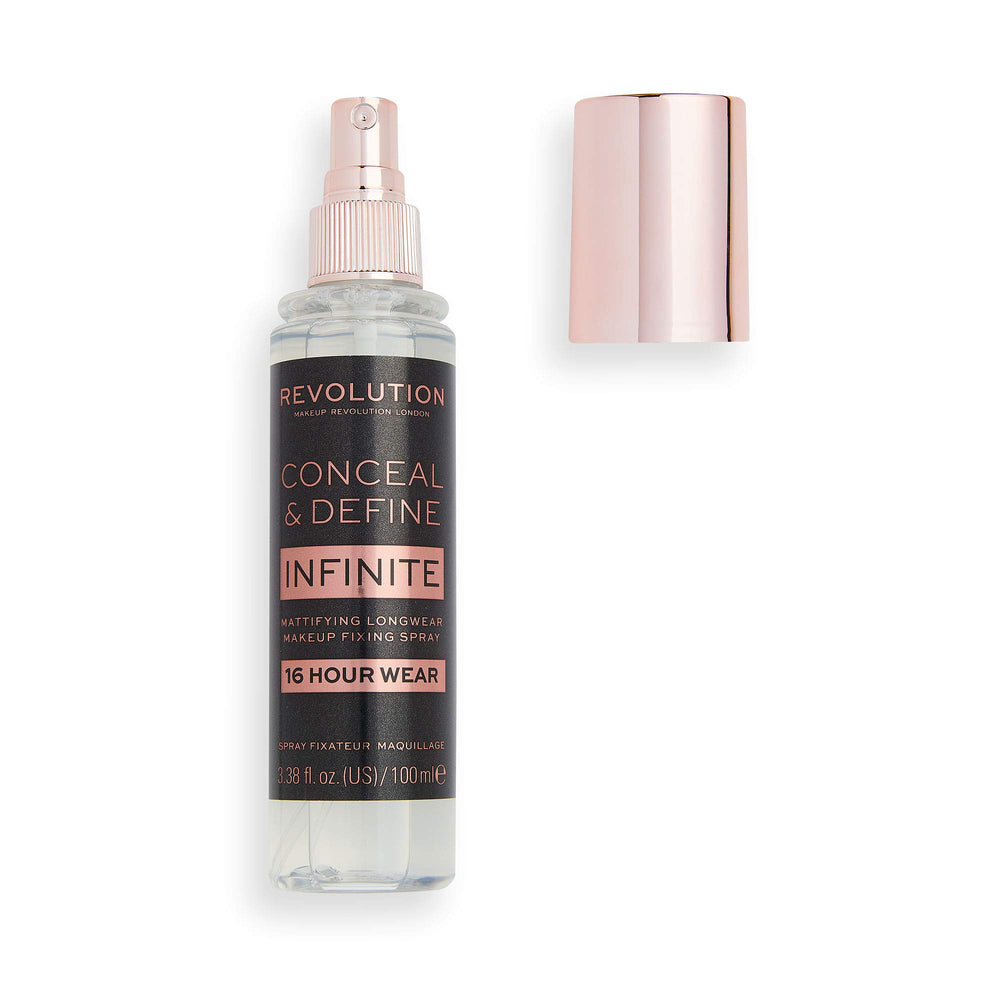 Revolution Beauty Infinite Fixing Spray front packaging showing 100ml bottle and label, fast setting benefit
