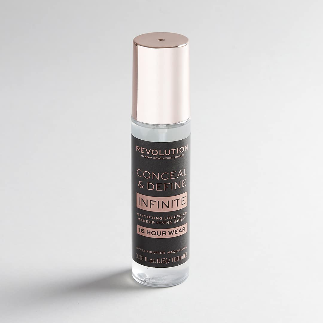 Revolution Beauty Infinite Fixing Spray applied on model in lifestyle setting for longwear makeup benefit