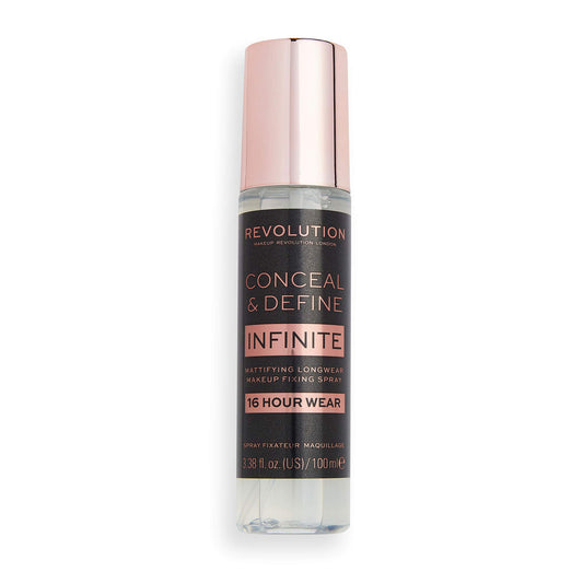 Revolution Beauty Infinite Fixing Spray fine mist close-up demonstrating even coverage and mattifying effect