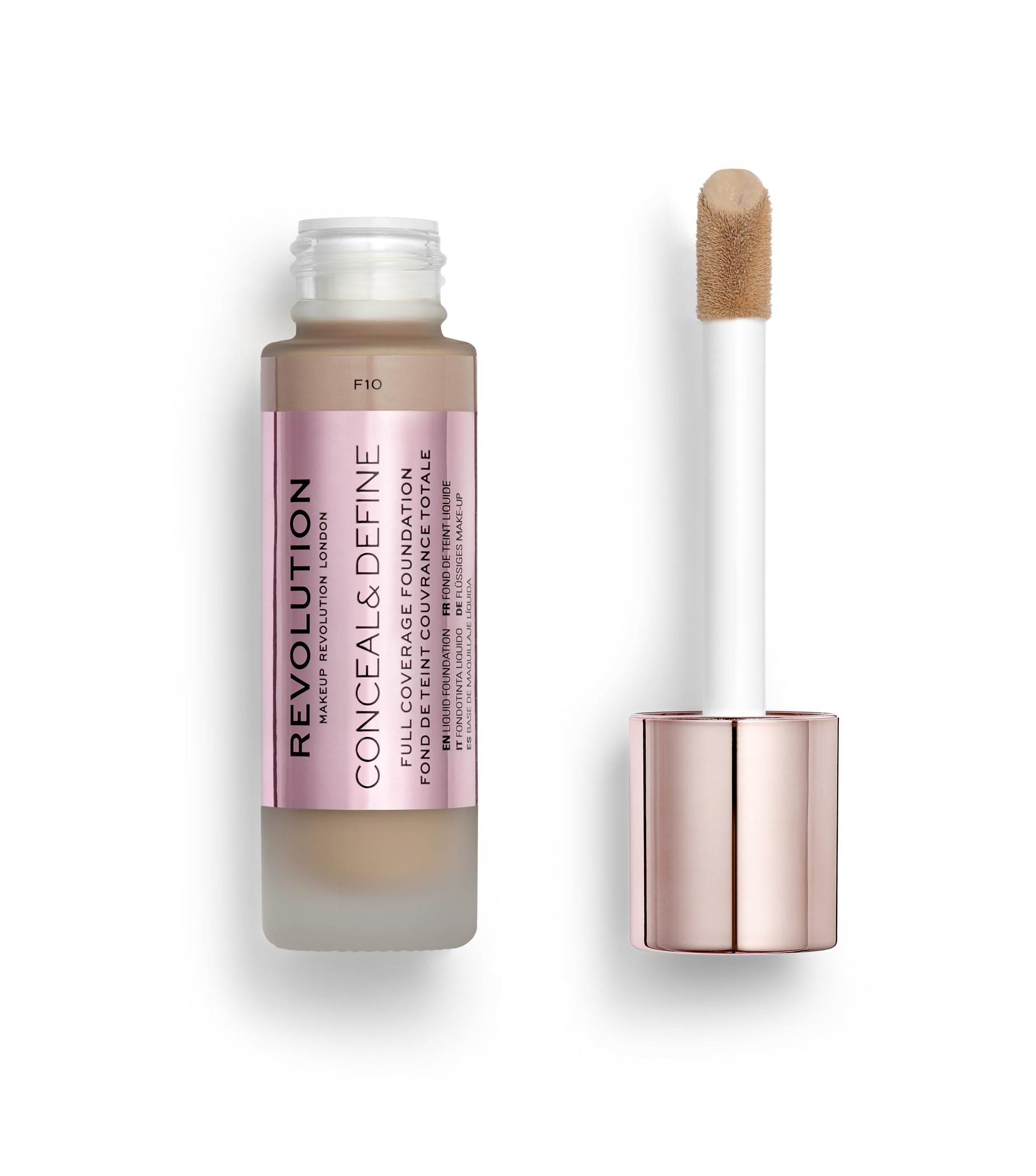 Revolution Beauty London front packaging showing product and shade F10 benefits true shade display